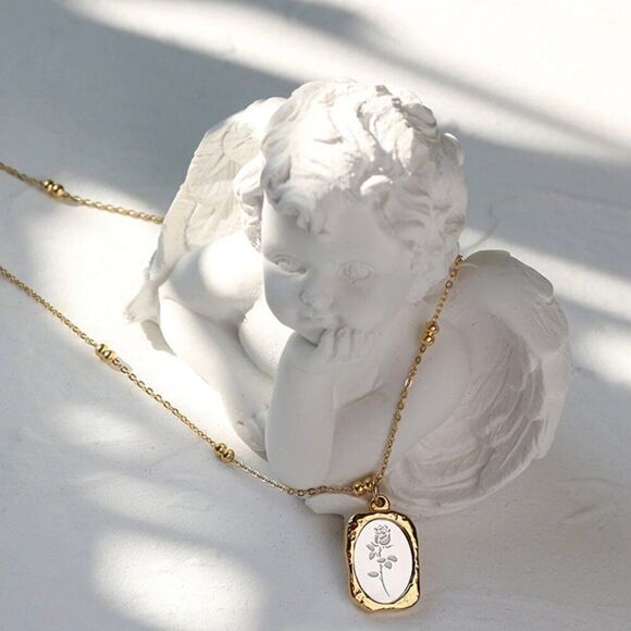 Two-Toned Gold and Silver Embossed Mirror Rose Pendant Necklace - Picture 3 of 11